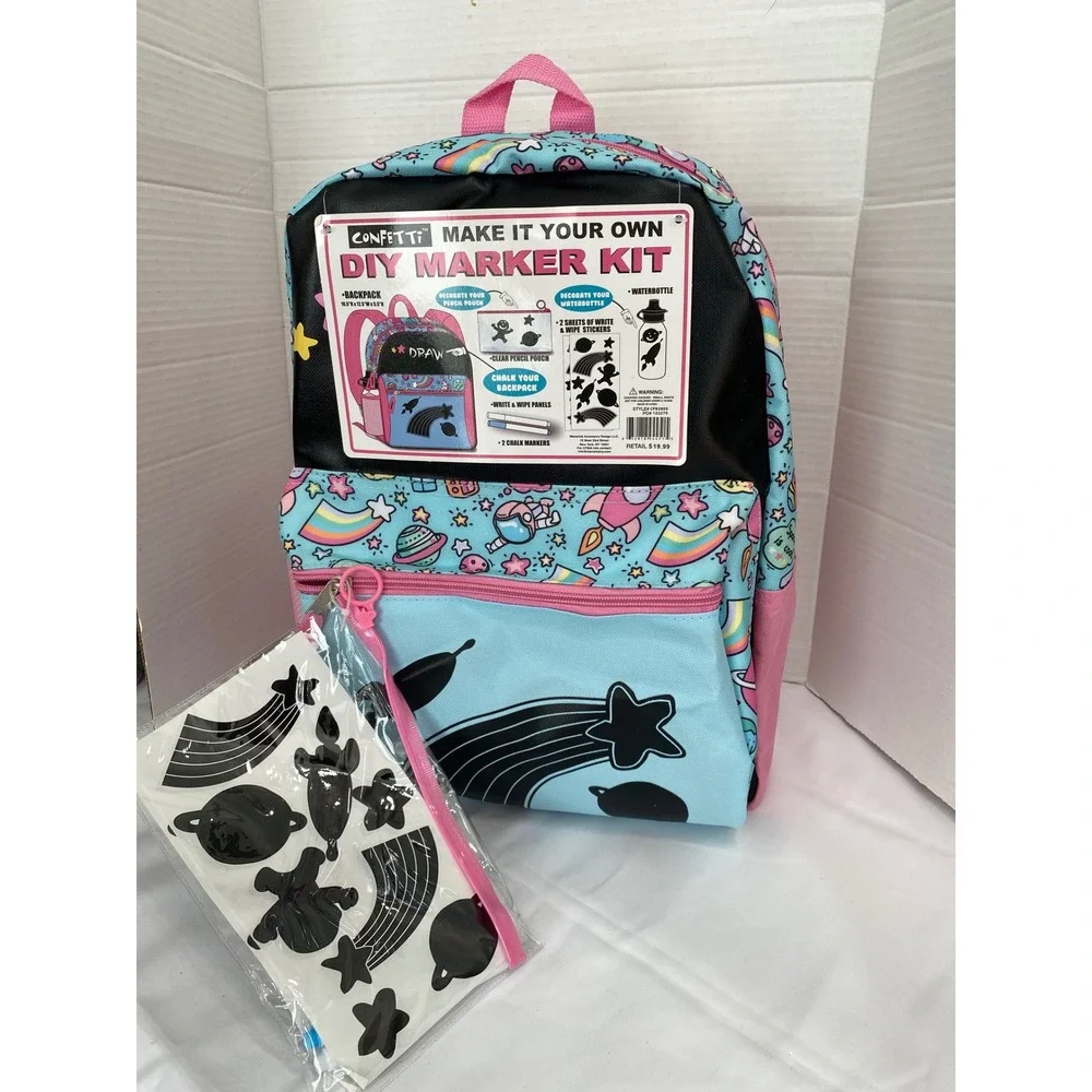 Confetti DIY Marker Kit Backpack Kids Blue Pink Space Theme Water Botte Marker K